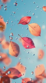 Floating autumn leaves dancing with glittering raindrops.