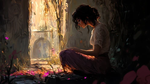 Woman sits in ruined doorway illuminated by warm light