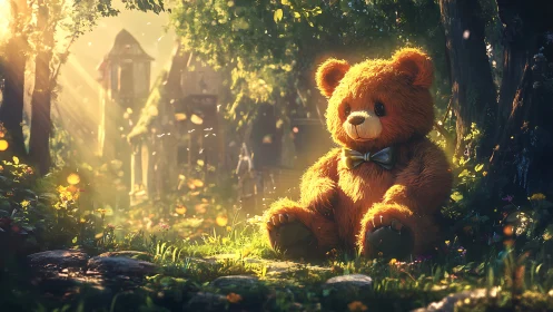 Gentle teddy bear resting in a sunlit enchanted forest.