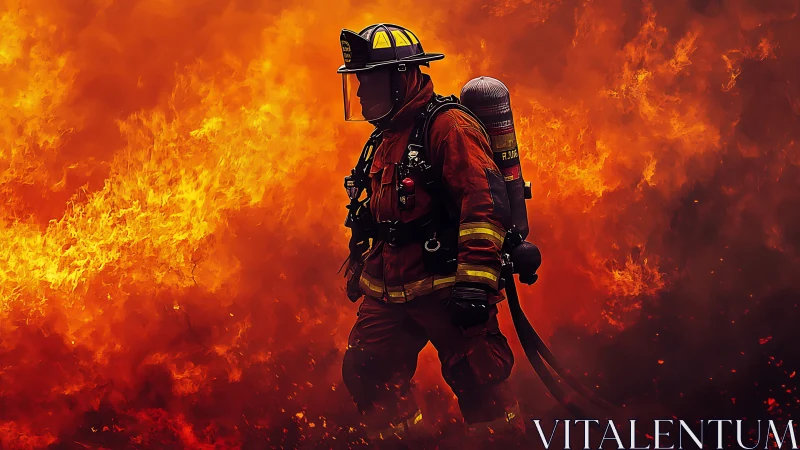 Firefighter carrying equipment through intense flames