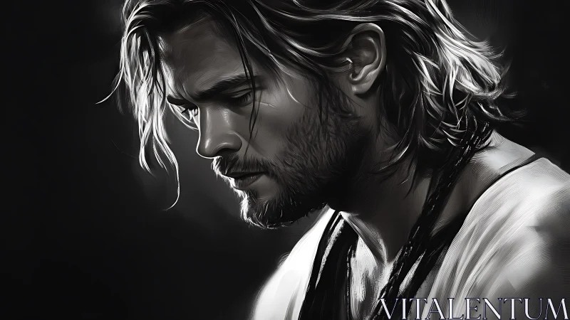 Brooding male portrait in monochrome digital chiaroscuro.