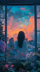 Backlit urban balcony figure under chromatic sunset sky.