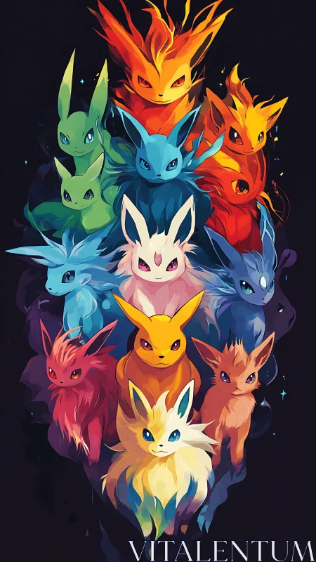 Elemental fox creatures arranged in vibrant chromatic totem.