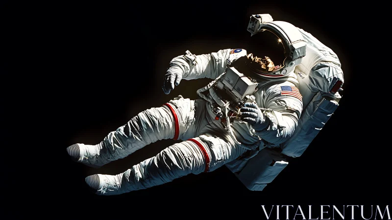 Solitary astronaut gently floating through quiet deep space.