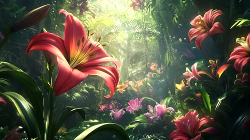 Macro floral composition renders luminous lilies in jungle light