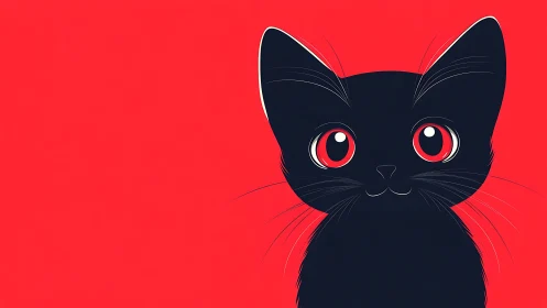 Black Cat with Crimson Eyes Against Vibrant Red Background Illustration
