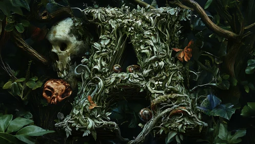 Overgrown letter A entwines with skulls, branches, and life.