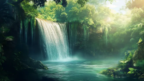 Tropical Waterfall Sanctuary with Ethereal Mist and Lush Canopy