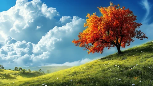 Lone orange tree on bright green hillside under clouds.