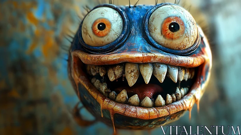Grotesque wide-eyed creature portrait in decayed cartoon style.