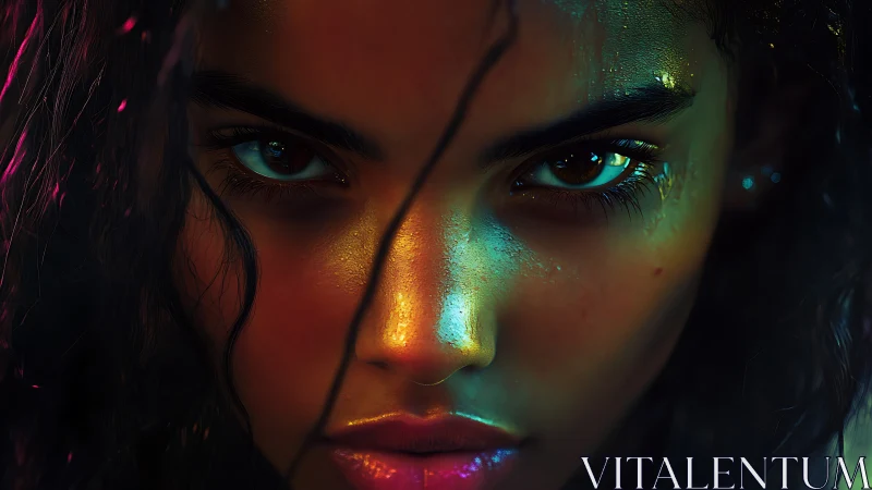 Close frontal portrait of wet face under colored lighting.