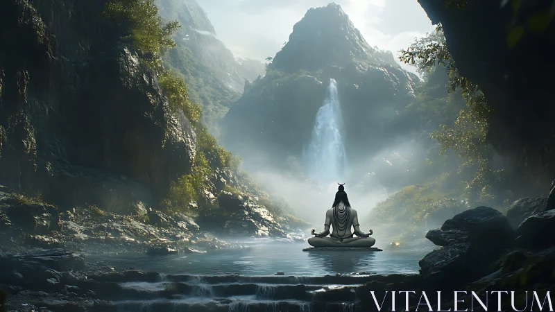 Seated figure meditating before waterfall in mountain gorge.
