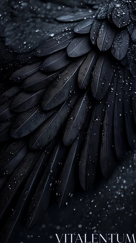 Close-up of dark bird wing feathers with water droplets.