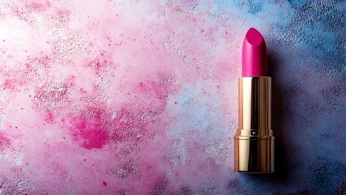 Pink lipstick positioned on textured pink and blue surface.