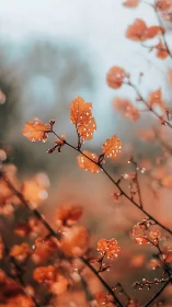 Orange autumn leaves hold raindrops against a soft sky