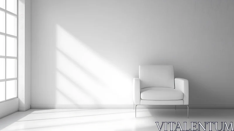 White armchair in sparse interior with window light shadows.