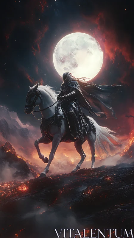 Lone moonlit rider crossing a fiery volcanic nightscape.