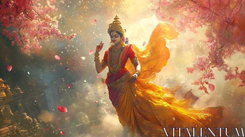 Hindu goddess figure amid blossoms in luminous setting.