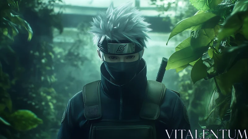 Masked silver haired ninja in dense green forest scene.