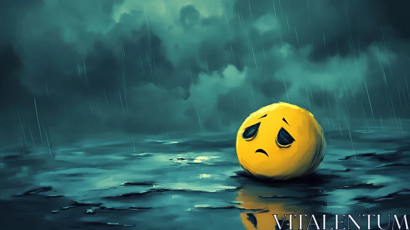 Digital painting of sad emoji in storm-lit reflective rainfield.