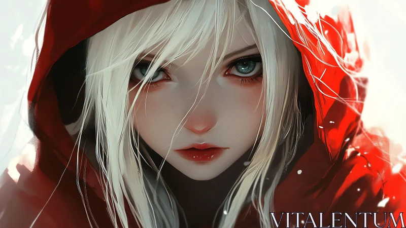 Crimson hood frames a frost-bright stare that refuses mercy