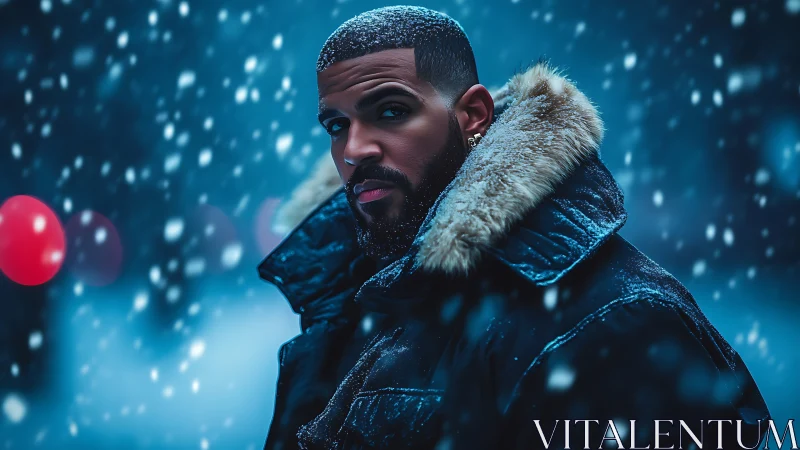 Moody winter portrait captures a man in swirling blue snow
