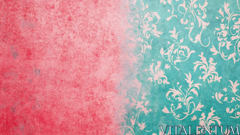 Distressed pink and teal damask split background texture
