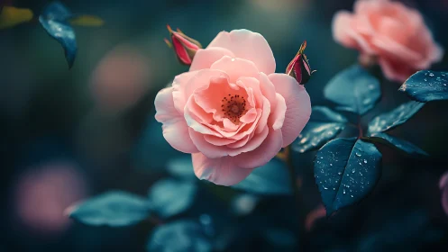 Pink rose with dark foliage and water droplets photographed in focused detail