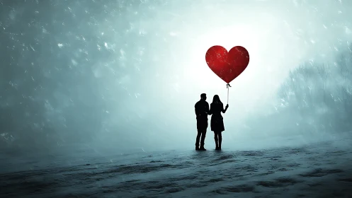 Silhouetted Couple Holding Red Heart Balloon in Atmospheric Seascape.