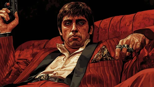 Man in red suit holding handgun in stylized portrait