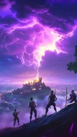 Four armed characters watch purple lightning strike fortress