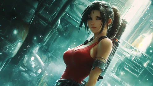 Fearless cyber heroine ready for adventure in glowing city.