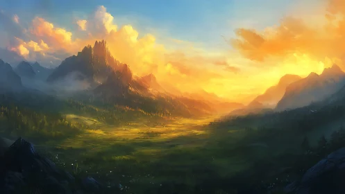 Sunlit mountain valley under blazing golden sunrise.