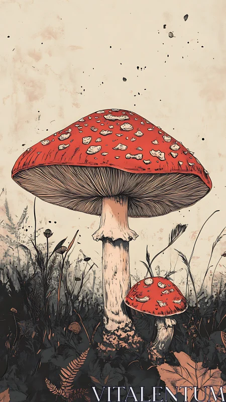Fly agaric mushrooms dominate moody forest floor illustration.