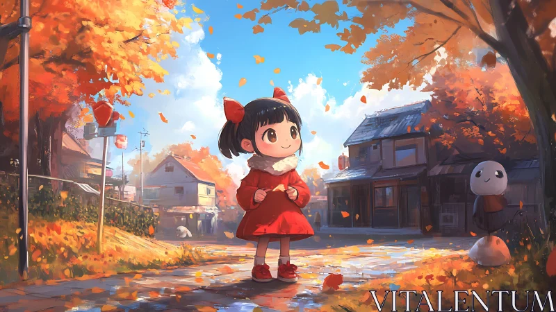 Girl in red dress walks through sunny autumn village street