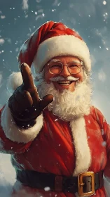 Jolly Santa points through snowfall in blazing holiday cheer.