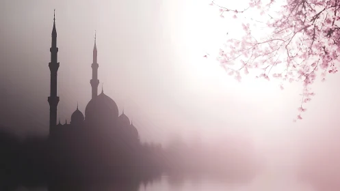 Mosque silhouette with minarets and tree branches at sunrise.