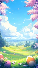 Joyful spring valley stretches under a bright blue sky