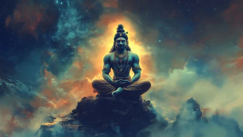 Blue-skinned meditative figure sits on rocky peak in cosmos