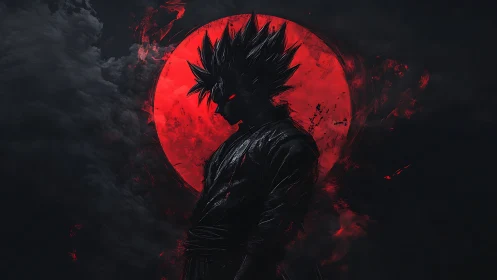 Dark anime warrior silhouette stands before burning red moon