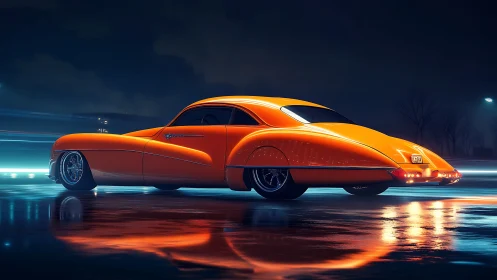Midnight cruise with a glowing retro-futurist orange coupe.