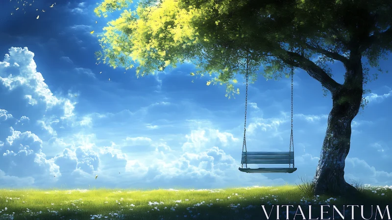 Sunlit tree swing drifts quietly above a bright summer field