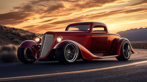 Custom candy-red hot rod coupe rendered in sunset backlight