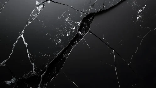 High contrast black marble slab with fractured vein network