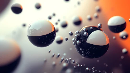 Floating glossy spheres reflect soft orange gradient light