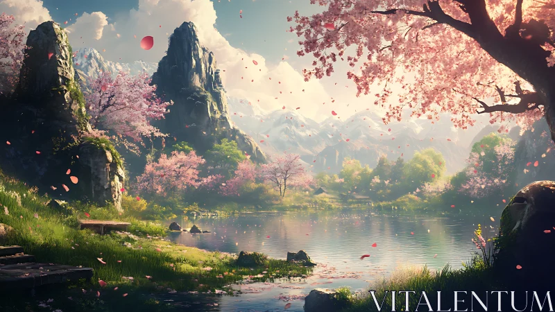 Cherry blossom winds serenade a mirrorlake mountain dawn