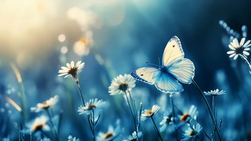Backlit lepidopteran hover above bokeh-softened chamomile field.