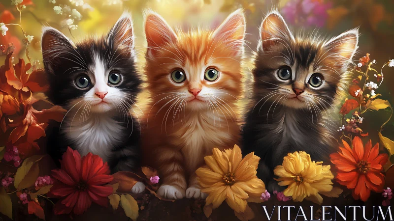 Three Precious Kittens Among Spring Flowers.