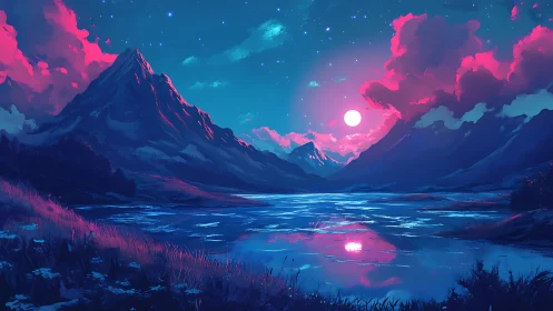 Neon moonrise bathes tranquil mountain lake in dreamlight.