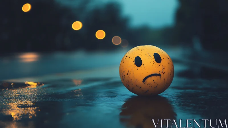 Yellow face ball on wet street at dusk with blurred lights.